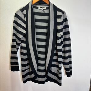 Pointelle Women’s XL Striped Open Front Cardigan Black Gray Lightweight Knit